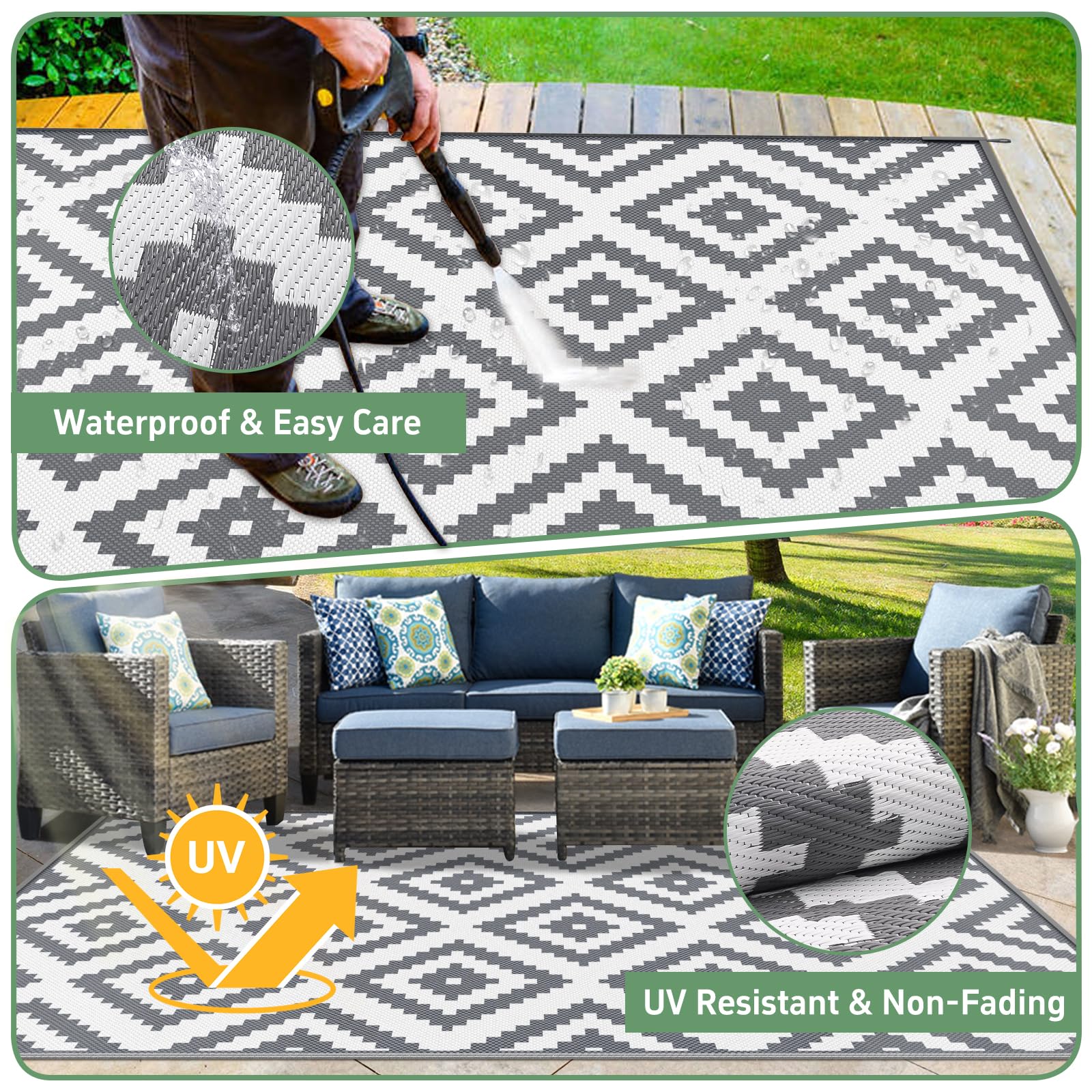 Habaylin Outdoor Rug for Patios Waterproof, Reversible Large Garden Rug, Foldable Outdoor Carpet Mat, Lightweight Plastic Area Patio Rugs for Decking RV Backyard Balcony Camping 120x180 cm